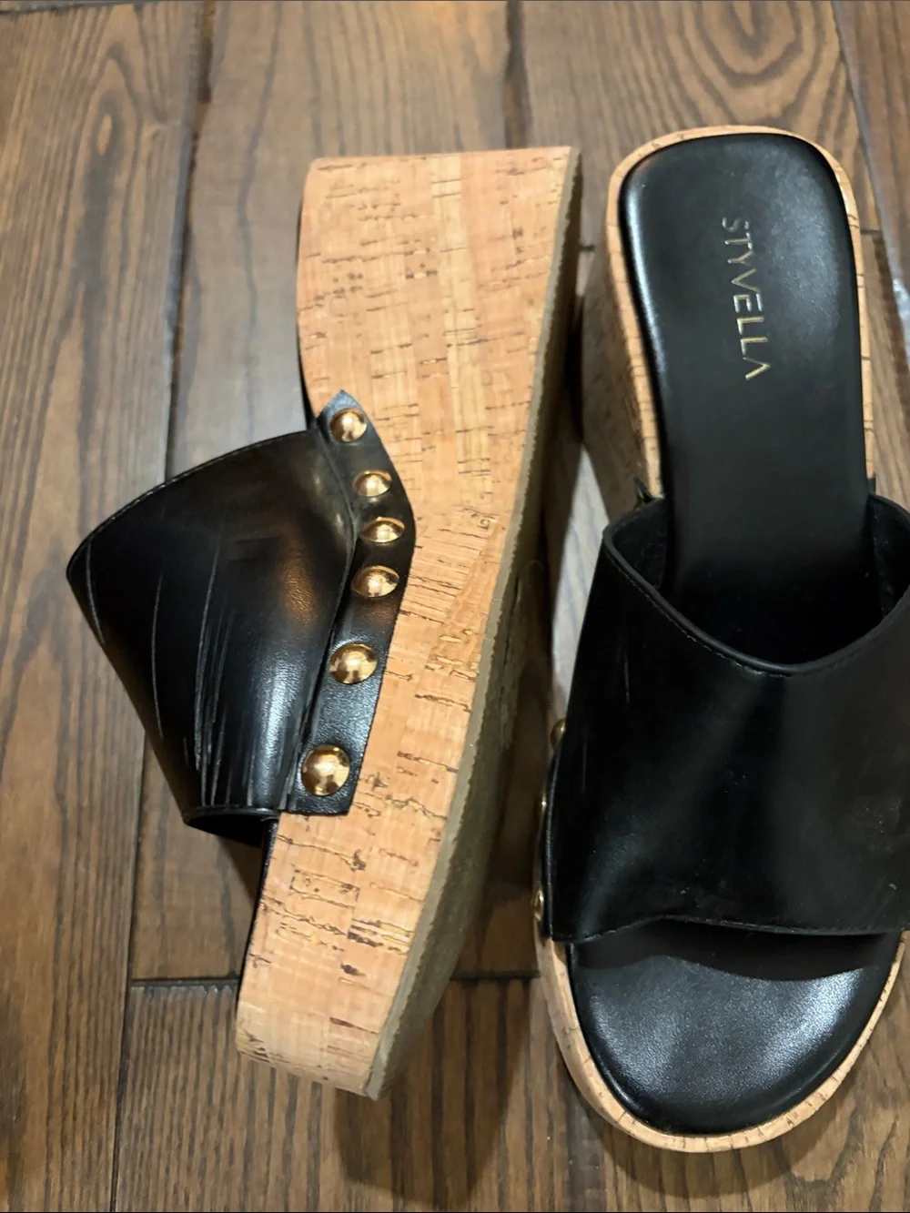 Black Leather Cork Platform Slide